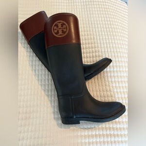 Tory Burch Black and Brown Logo Rain Boots